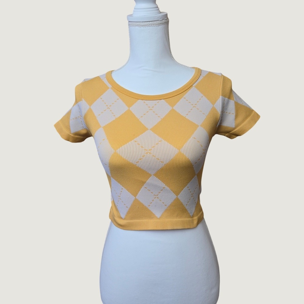 Bella Movement Yellow Argyle Short Sleeve Crop‎ Top NT-3801 L/XL